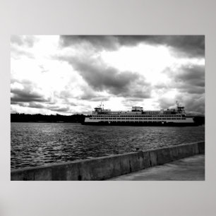 Ferry to Seattle - Black and White Poster