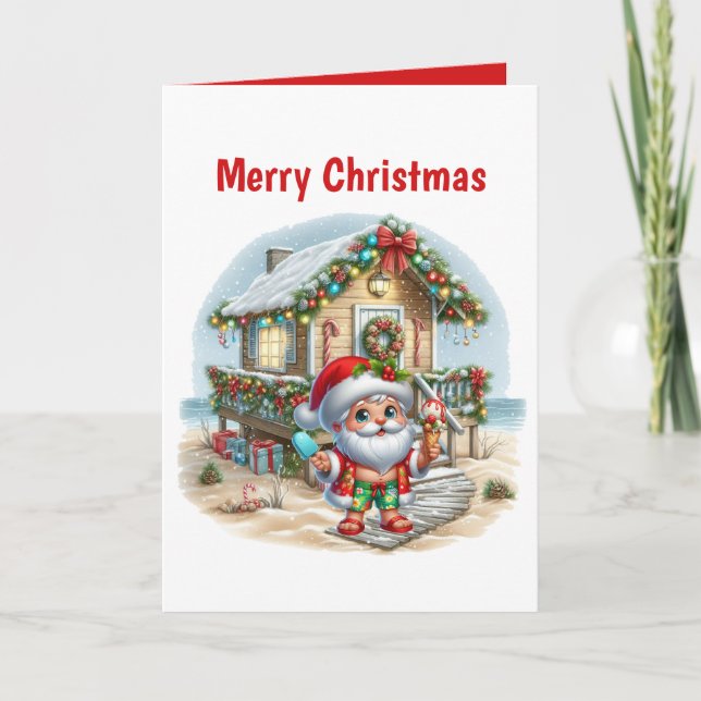 Fesive Christmas beach Santa customizable Holiday Card (Front)