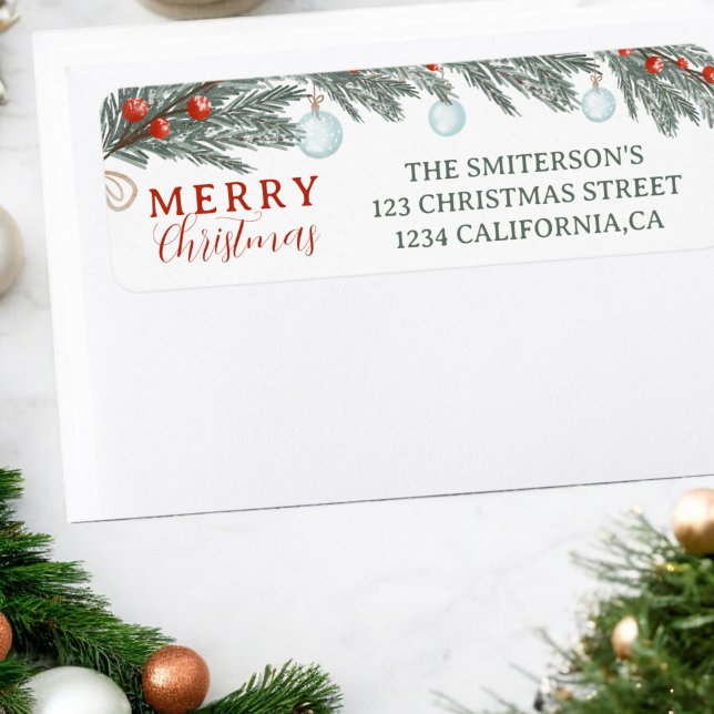 Festif À feuillage persistant Red Berries Aquarell (Festive Evergreen Red Berries Watercolor Christmas Label)