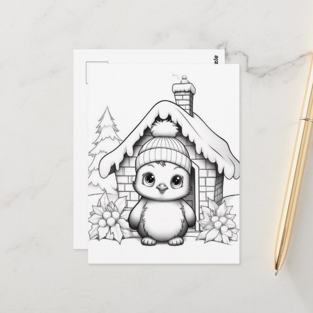 Festif enfants pingouins colorier Carte postale (Devant/Arrière en situation)