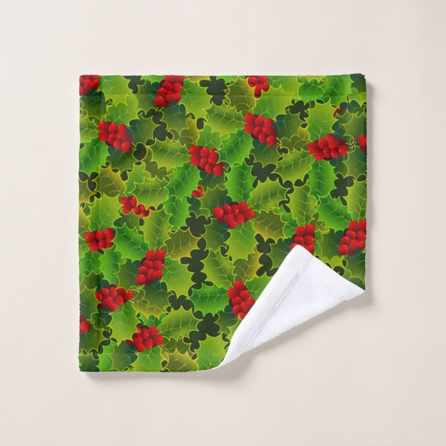 Festif Noël Vert Holly Feuilles Baies rouges (Gant de toilette)