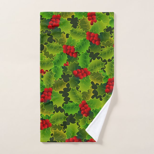 Festif Noël Vert Holly Feuilles Baies rouges (Serviette à main)