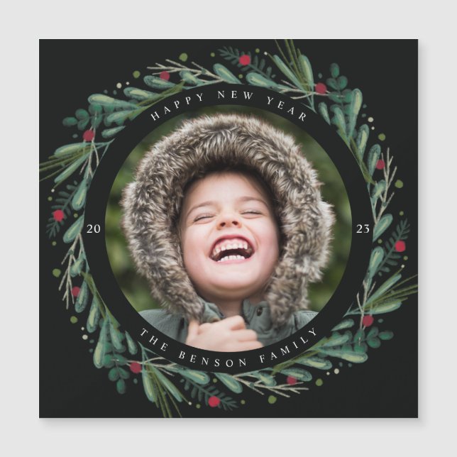 Festif Nouvel An Wreath Feuilles Berries Magnet (Devant)