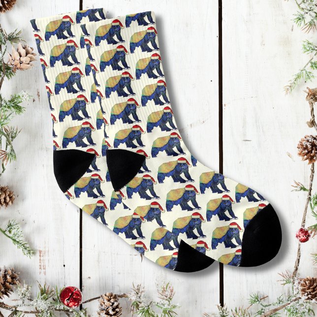 Festif Psychedelic Honey Badger Badass Noël (Christmas honey badger wearing a Santa hat pattern socks badass animal art )