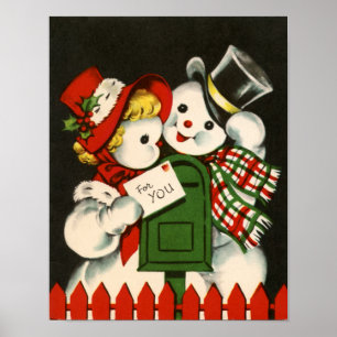 Festif rétro vintage neige couple poster de vacan
