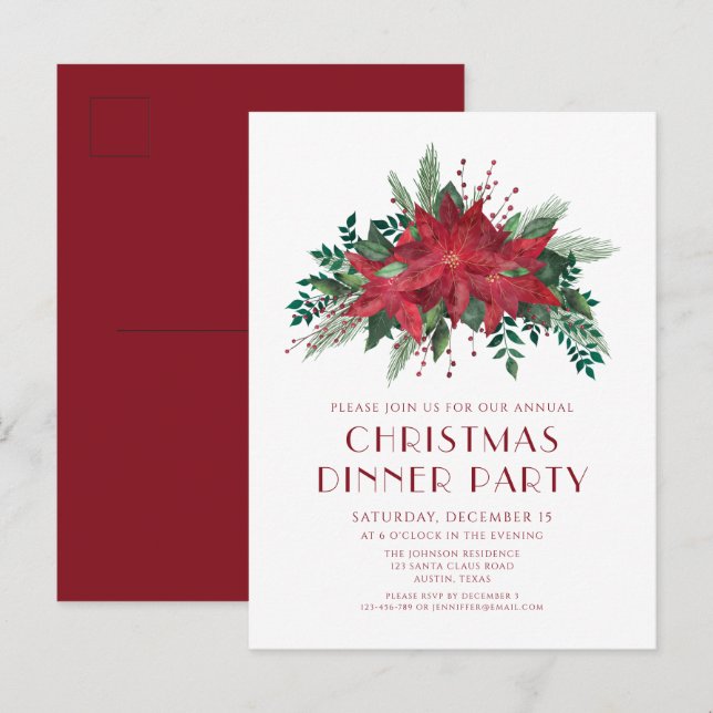 Festif Rouge Poinsettia Dîner de Noël Invitation (Devant / Derrière)
