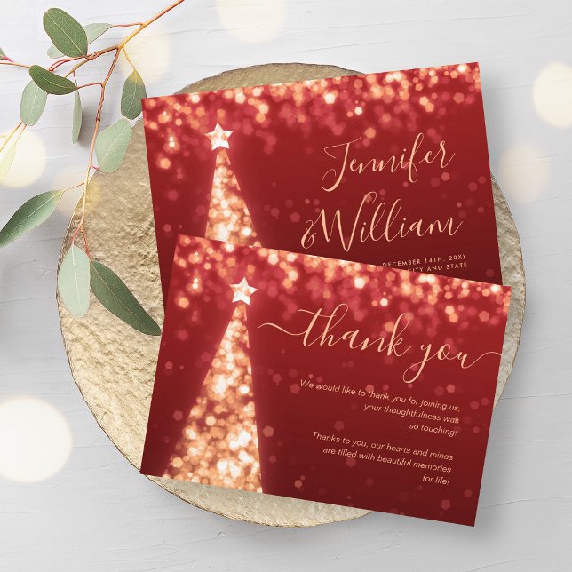 Festif Xmas Arbre or Mariage rouge Carte de remerc (Festive Xmas Tree Gold Red Wedding Thank You Card)