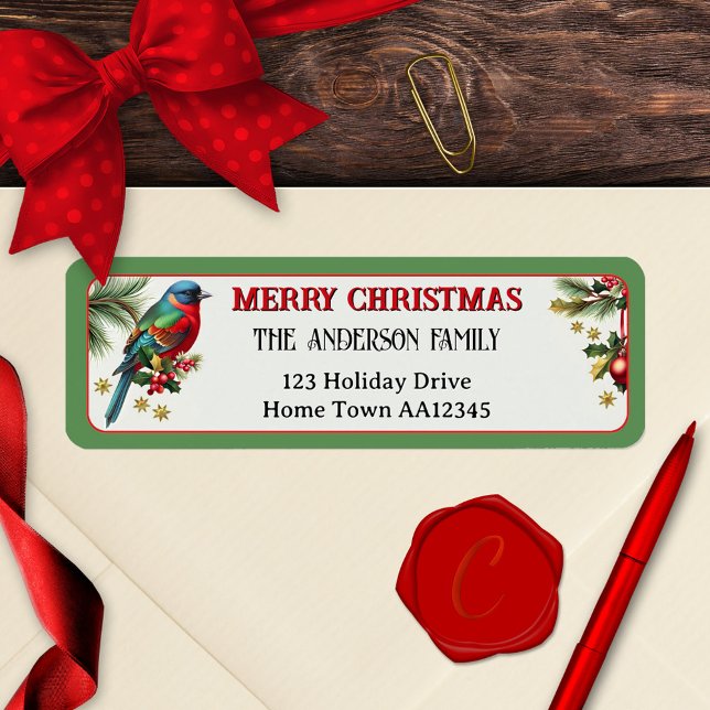 Festin Robin Joyeux Noël Adresse de retour (Merry Christmas return address label featuring a cute colorful robin with festive stars and holly)