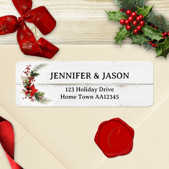 Festitic Rustic Wood Christmas Retourner l'adresse (Christmas return address label featuring a watercolor floral poinsettia design on ivory rustic wood)