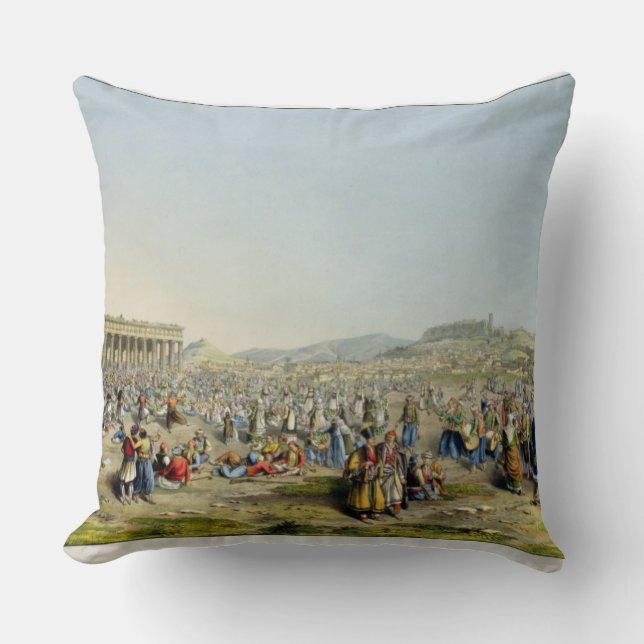 Festival at Athens, pub. by J. Rodwell, 1830 (aqua Throw Pillow (Front)