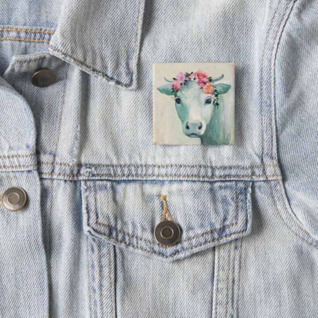 Festival Cow 2 Inch Square Button (In Situ)