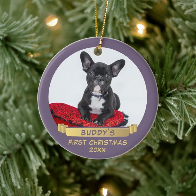 Festive 1st Christmas Ribbon Puppy Pet Photo Ceramic Ornament (Tree)