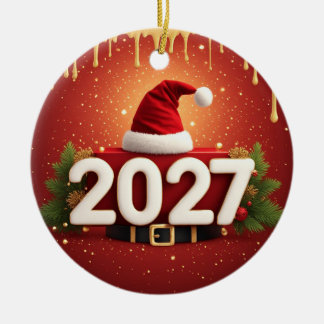 Festive 2027 New Year Design | Red Gold Christmas  Ceramic Ornament