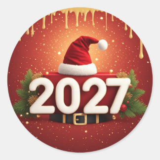 Festive 2027 New Year Design | Red Gold Christmas  Classic Round Sticker