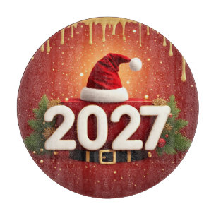Festive 2027 New Year Design Red Gold Christmas Cutting Board