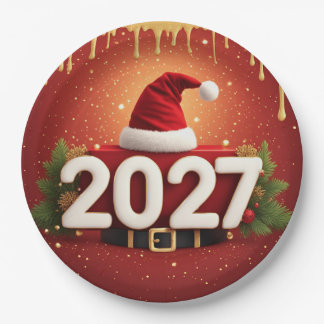 Festive 2027 New Year Design | Red Gold Christmas  Paper Plate