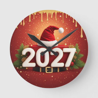 Festive 2027 New Year Design | Red Gold Christmas  Round Clock