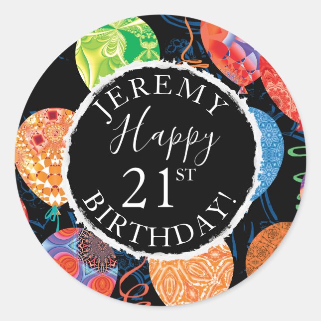 Festive 21st Birthday Balloons Add Name and Age Classic Round Sticker (Front)