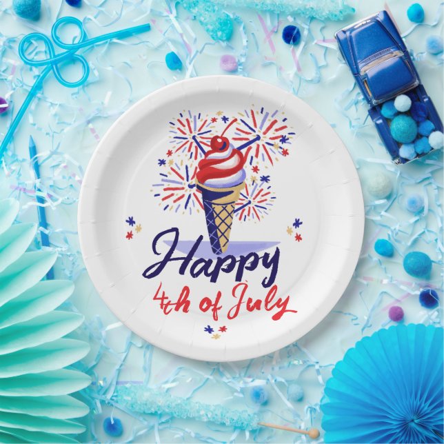 Festive 4th of July BBQ Ice Cream Cone Fireworks   Paper Plate (Party)