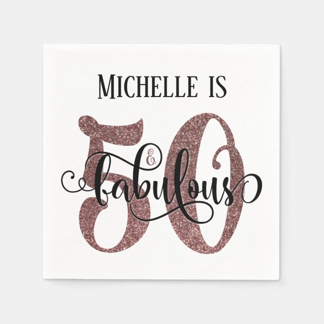 Festive 50 & Fabulous Rose Gold Glitter Birthday Napkin (Front)