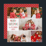 Festive 5 Family Photo Red Striped Merry Christmas Holiday Card<br><div class="desc">Clean,  modern family photo collage Merry Christmas cards with five of your favourite holiday photographs. Modern red and white striped back for a festive and cute card with your kids pictures. Red and green handwritten script decorates the front.</div>
