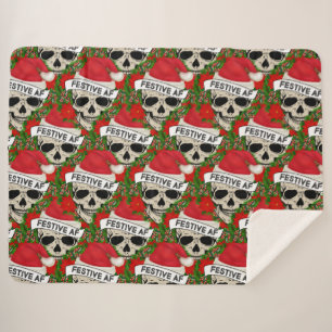 Festive AF Cool Skeleton In Santa Hat   Sherpa Blanket