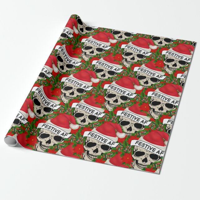 Festive AF Cool Skeleton In Santa Hat  Wrapping Paper (Unrolled)