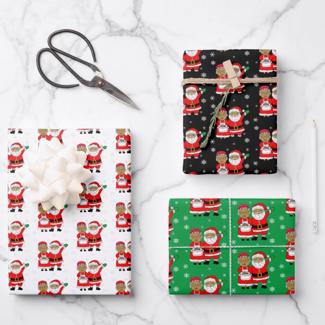 Festive African-American Mr and Mrs Claus Christma Wrapping Paper Sheet (Front)
