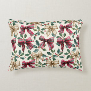 Festive and cute Christmas Bows and Holly Pattern Accent Pillow