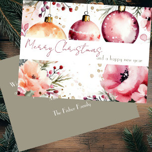 Festive and elegant Christmas Baubles and Flowers Card