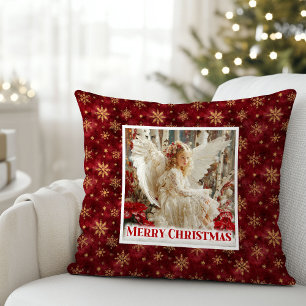 Festive Angel Poinsettia Red Gold Accent Christmas Throw Pillow