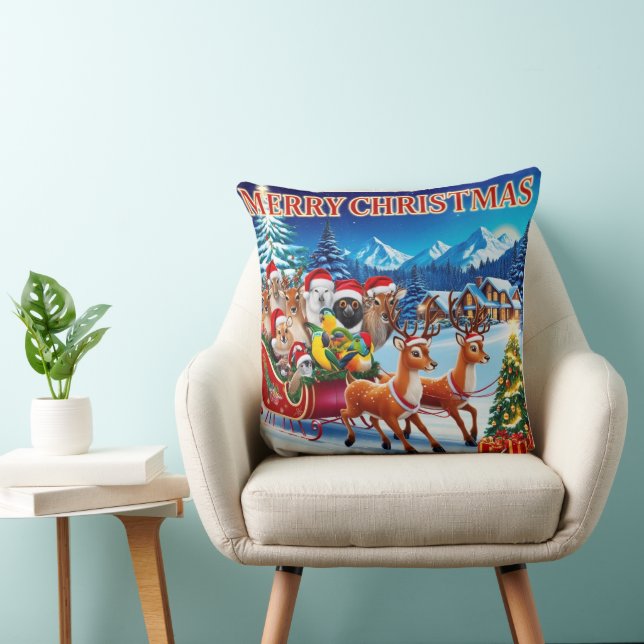 Festive Animals Christmas Throw Pillow Design. (Chair)