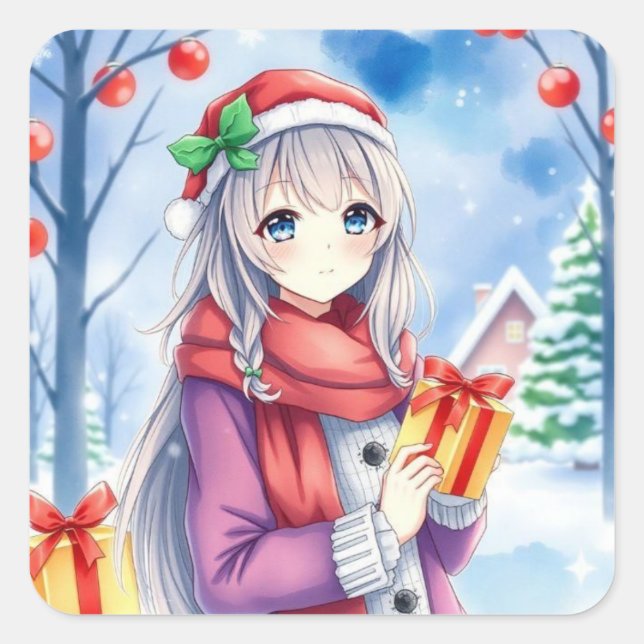 Festive Anime Girl Christmas Square Sticker (Front)