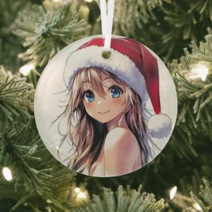 Festive Anime Girl Santa Hat with Bright Blue Eyes Glass Ornament