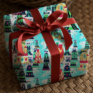 Festive Aqua Retro Christmas Bells Wrapping Paper