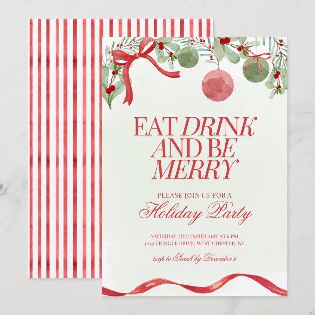 Festive Aquarelle Coquette Noël Invitation (Devant / Derrière)