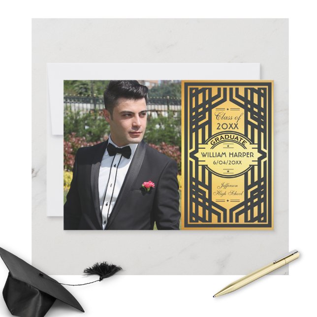 Festive Art Deco Graduation Photo Gold Class 20XX Invitation (Creator Uploaded)