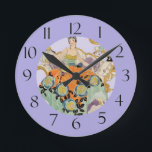Festive Art Deco Lady Round Clock<br><div class="desc">Features a vibrant Art Deco illustration of a woman in an elaborate gown,  seated on an ornate sofa,  set against a lavender background with classic black numerals. The artwork evokes the elegance and style of the 1920s and 1930s.</div>