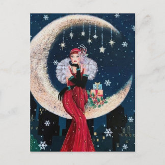 Festive art deco retro vintage Christmas lady Holiday Postcard