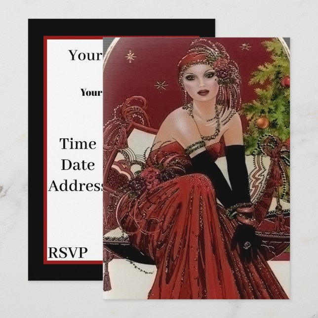 Festive art deco retro vintage Christmas lady Invitation (Front/Back)