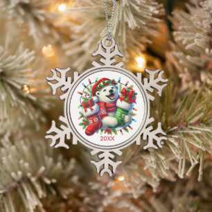 Festive artic polar bear add year snowflake pewter christmas ornament