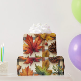 Festive Autumn Leaves on Plaid  Wrapping Paper