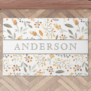 Festive Autumn Watercolor Foliage Family Name Doormat