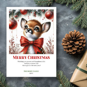 Festive Baby Deer Winter Scene Watercolor Greeting Holiday Card