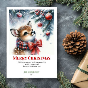Festive Baby Deer Winter Scene Watercolor Xmas Holiday Card