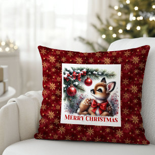 Festive Baby Fawn Snowy Forest Kids Gift Christmas Throw Pillow