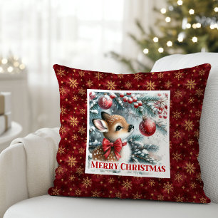 Festive Baby Fawn Winter Scene Kids Room Decor  Throw Pillow