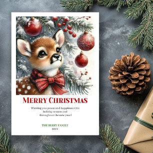 Festive Baby Fawn Winter Scene Watercolor Xmas Holiday Card