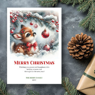 Festive Baby Fawn Winter Scene Watercolor Xmas Holiday Card