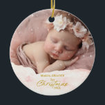 Festive Baby's 1st Christmas Snow Flurry Photo Ceramic Ornament<br><div class="desc">Welcoming a new baby's 1st Christmas is one of life's joyous occasions. Let it happen with these cute,  festive photo ornaments. Easily insert baby's information on the front and back and give the best gift and keepsake ever.</div>